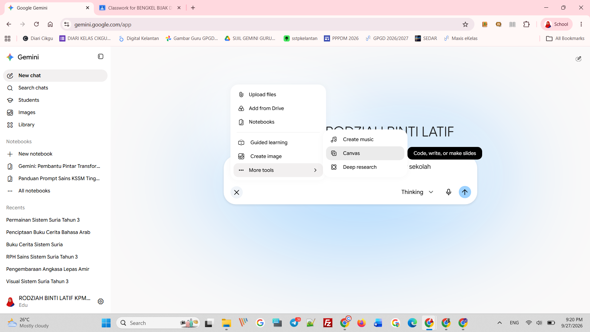 Menu More tools di Gemini